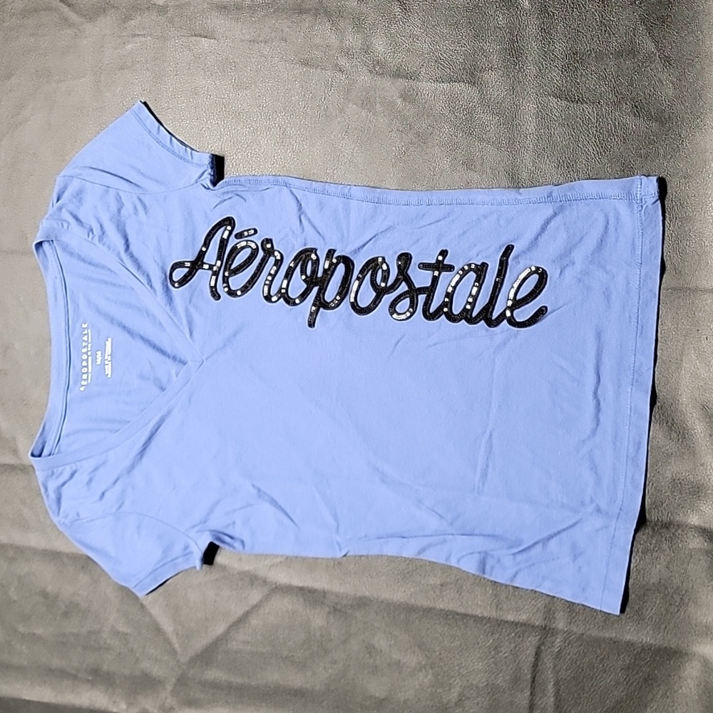 Aeropostale Purple V-Neck Sequin Logo Graphic Tee Shirt Y2K